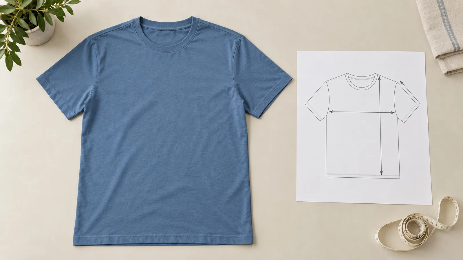 Tricou simplu așezat lângă o schiță de măsurare a îmbrăcămintei