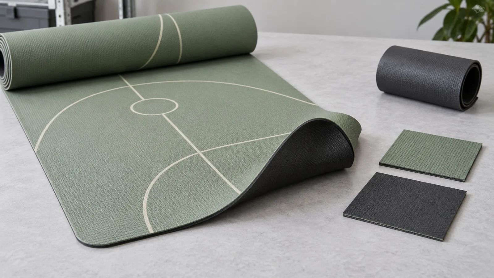 Covoraș de yoga imprimat și mostre separate de material de bază aranjate pentru a ilustra un traseu de fabricație