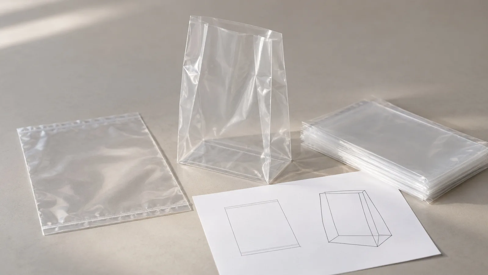 Mostre clare de pungi de plastic plate și laterale, lângă un desen simplu