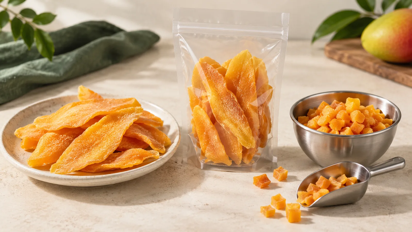 Felii de mango uscate și mango tăiat cubulețe în comparație cu două specificații de produs