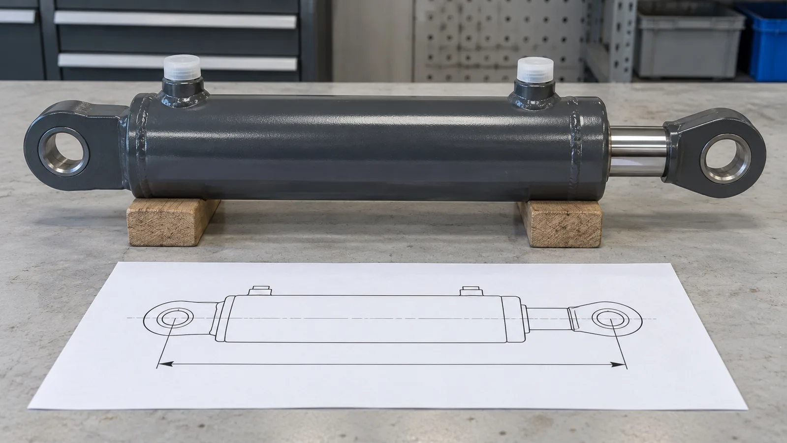 Cilindru hidraulic dezinstalat cu porturi protejate lângă un desen schematic de montaj