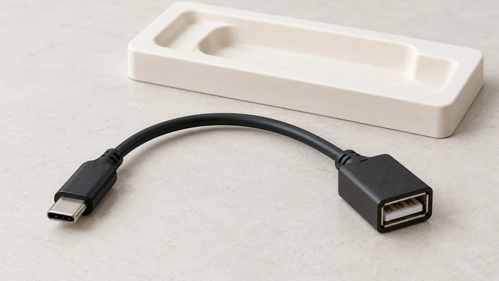 Un cablu adaptor USB generic cu ambele capete ale conectorului vizibile pe o suprafață de inspecție neutră