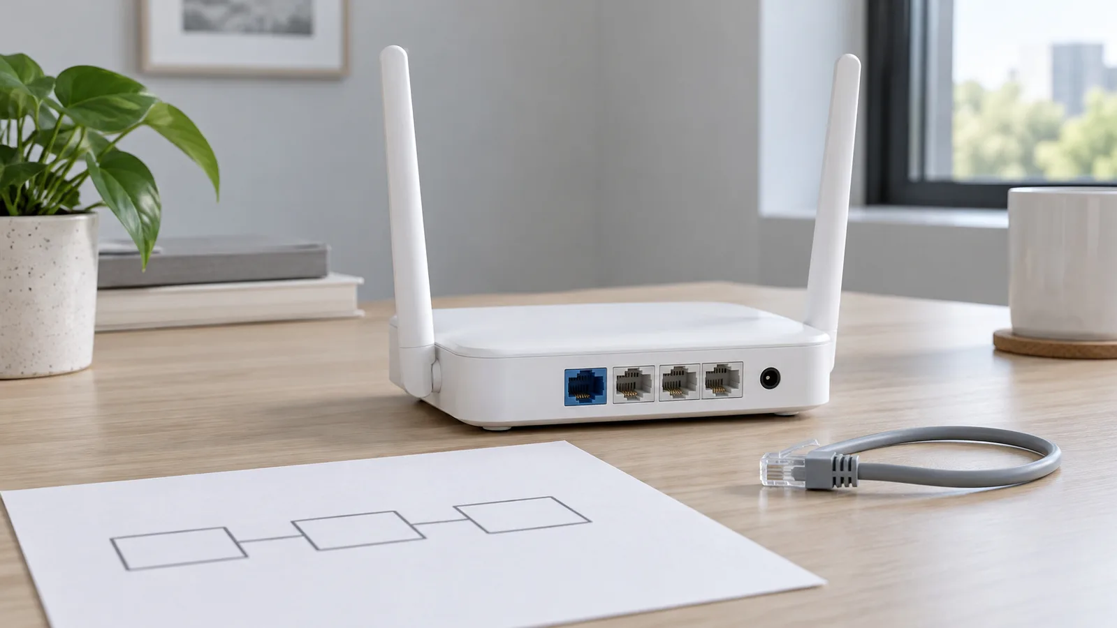 Router Wi-Fi de birou alb, fără marcă, cu porturi Ethernet vizibile în spate, lângă o simplă schiță de rețea