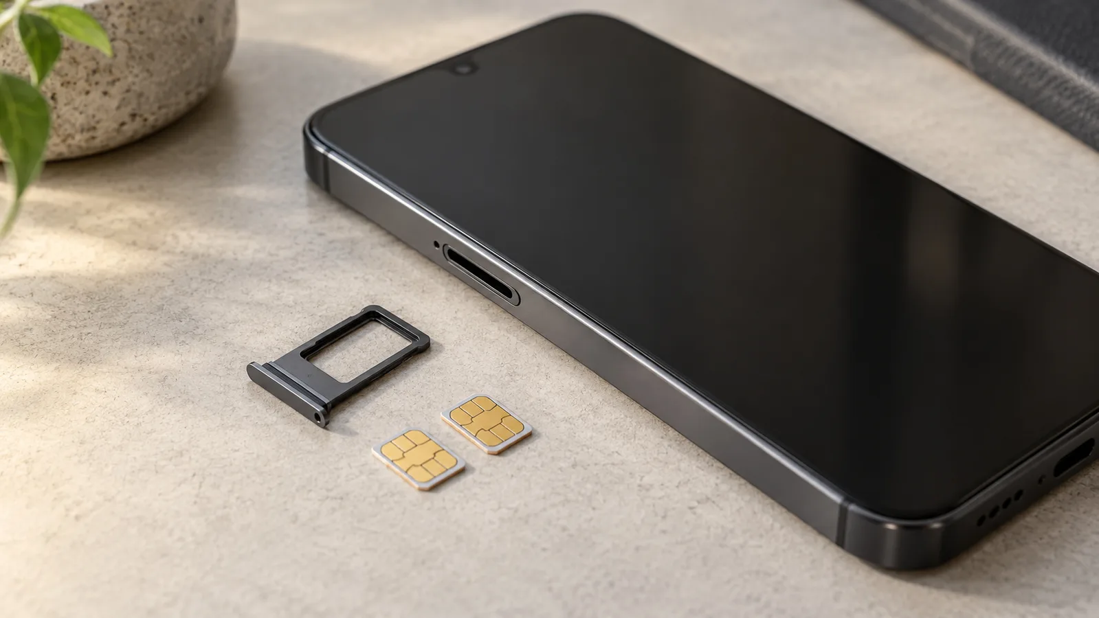 Smartphone fără marcă lângă o tavă SIM separată și două cartele SIM, ilustrând suportul pentru cardul fizic